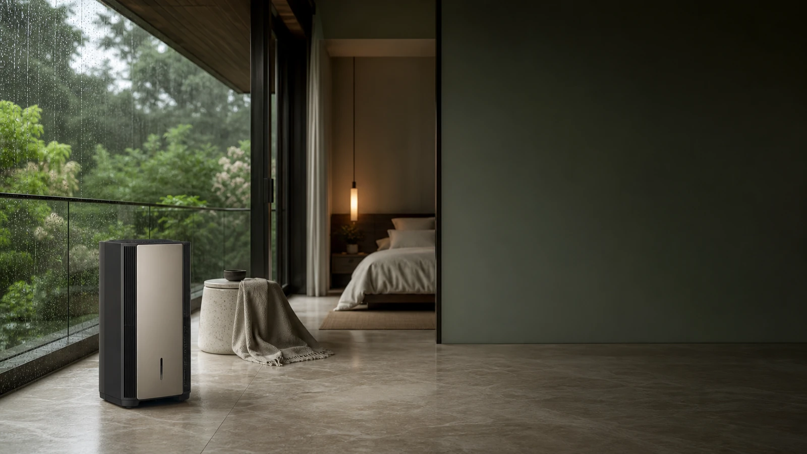 MOFN dehumidifier in a rainy-day bedroom balcony
